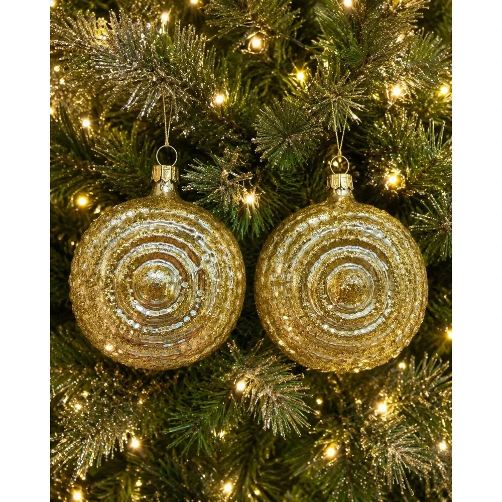 Pier 1 Set of 9 Glass Christmas Ornament Set Gold Glitter Balls Conch Shells
